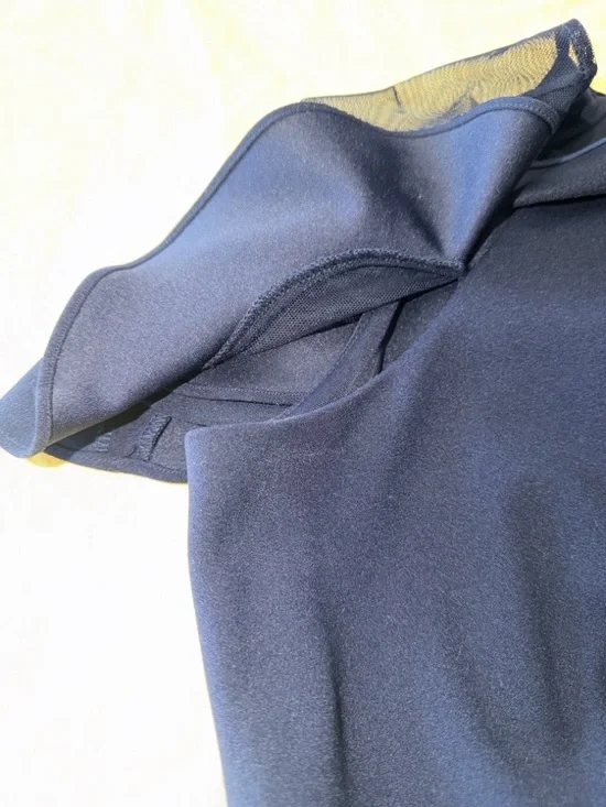 Eliza J Sheer Ruffle Shoulder Cocktail Dress Navy Midi Scuba Crepe Size 8 - Picture 5 of 11